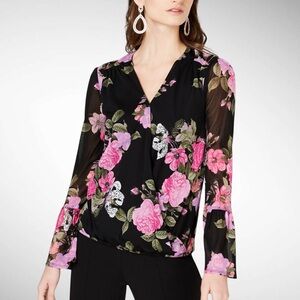 INC International Concepts Nylon Floral Peasant Blouse Bell Sleeves